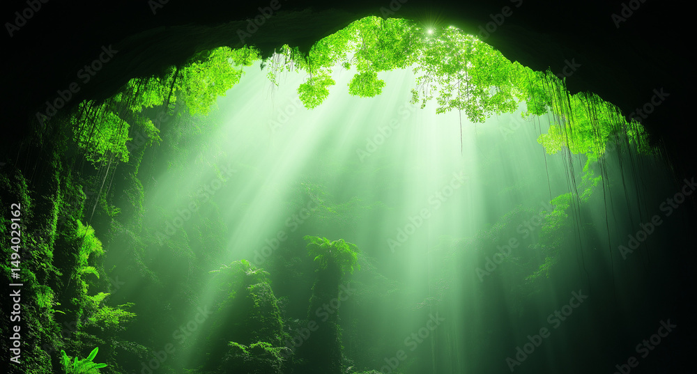 Obraz premium Sunlight filtering through lush green cave, serene atmosphere, natural environment, copy space