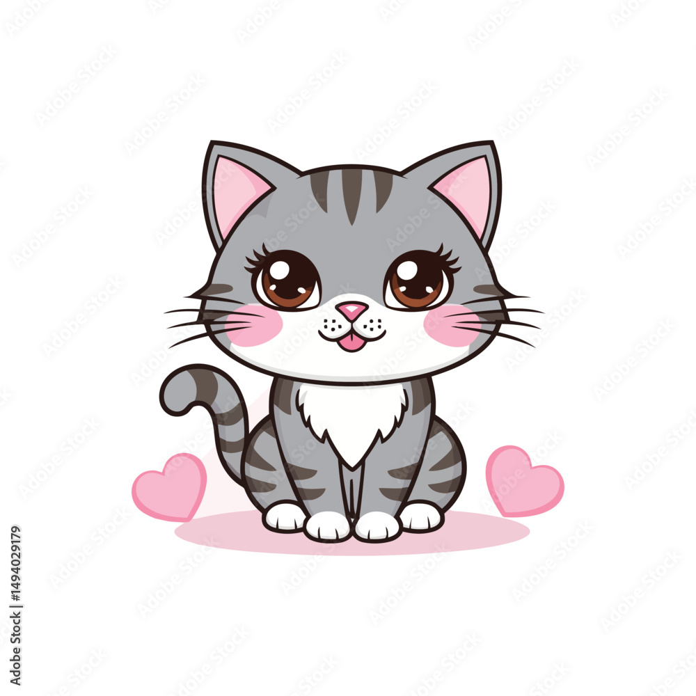 Cute Cartoon Vector of a Gray Cat with Big Brown Eyes and Pink Cheeks Surrounded by Love Hearts Cute Cartoon Vector of a Gray Cat with Big Brown Eyes and Pink Cheeks Surrounded by Love Hearts