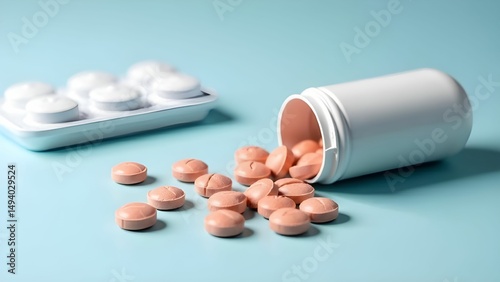 Pills spilling from a white container onto a light blue surface with a pill blister pack nearby