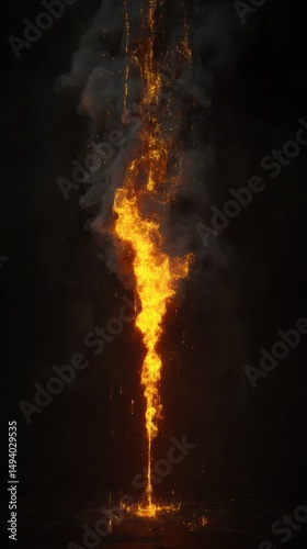 Golden Liquid Flowing Downward with Smoke on Black Background, Abstract Concept, Studio Shot, Dark and Dramatic