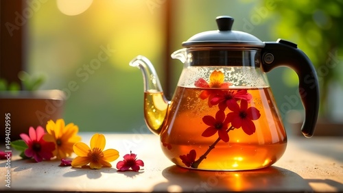 Bright floral tea in a glass teapot on a wooden table with soft sunlight streaming through a window