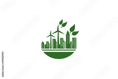 Green Cityscape Featuring Wind Turbines And Leafy Elements Representing Sustainability And Eco-Friendly Innovation