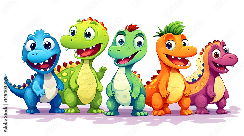 Obraz premium Vibrant Cartoon Dinosaurs Group in Playful Colors Illustration