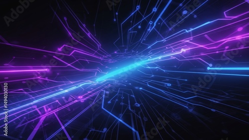 Futuristic neon light beams in purple and blue colors radiating through a dark tunnel, creating sci-fi warp speed or hyperspace travel effect, perfect for technology, digital space themes background.