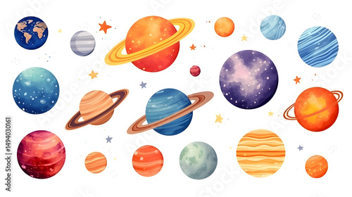 Colorful Cartoon Vector Illustration of Group of Planets and Space Objects