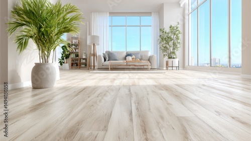 Bright Living Room Interior with Wood Floor Sofa and Plants Low Angle View in Modern Home Decor