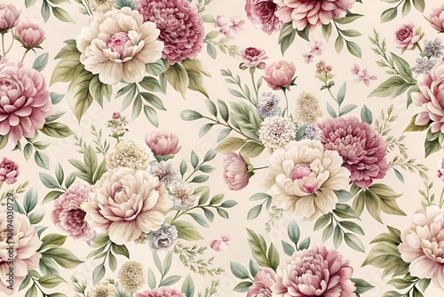 Repeating Dusty Pink Flower Clusters Over Soft Ivory