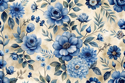 Repeating Hand Painted Indigo Florals On Soft