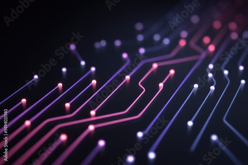 Abstract Circuit Board Close Up with Pink and Purple Lines on Black Background Technology Concept Macro Shot