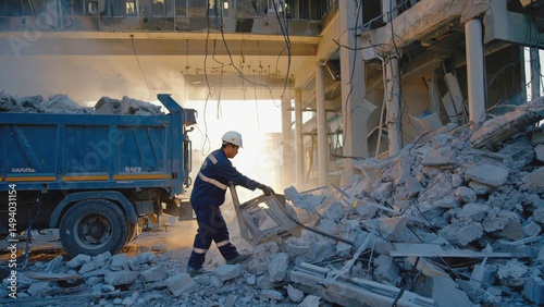 Construction worker in safety gear clearing rubble at a demolition site with a blue dump truck nearby, sunlight filtering through a partially destroyed building, symbolizing rebuilding, cleanup work.