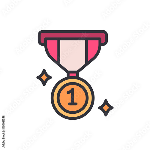 Golden First Place Medal With Ribbon And Sparkles Of Achievement