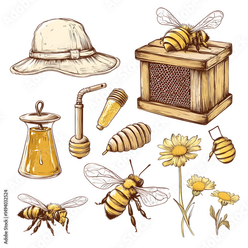 Detailed Hand-Drawn Apiary Sketches: Beehives, Honeycombs, Bees. Artistic Illustration Collection