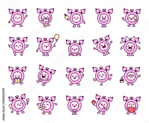 Alarm clock character set with funny emotions charming activities smiling reactions friendly poses adorable moods, holding objects and positive situations for your creative projects