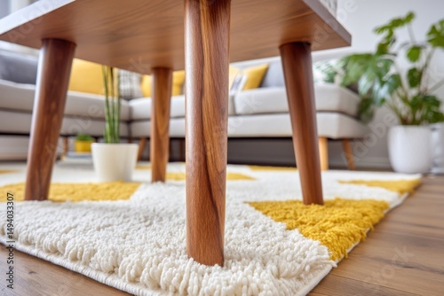 Low angle view of mid-century modern coffee table on shag rug in bright living room interior design setting