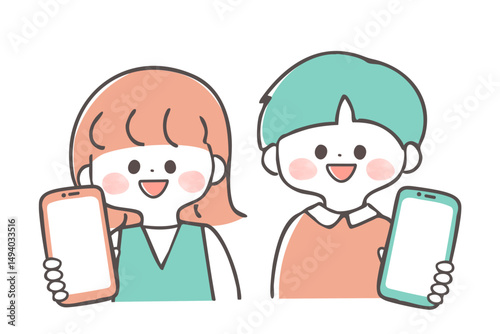 Webスマホの画面を見せる子どものイラスト　手書き 2色