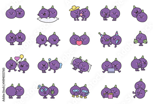Fig couple character set with adorable hugs happy emotions cute kisses heartwarming activities friendly celebrations magical moments caring gestures and funny lifestyle scenes