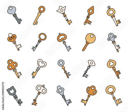 Key security access set with cute outline design featuring, privacy protection symbols, unlocking doors, safety tools for yours illustration and creative projects