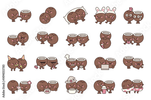 Coconut couple character set with happy emotions smiling activities funny poses charming costumes holding objects and adorable scenes for your creative designs projects