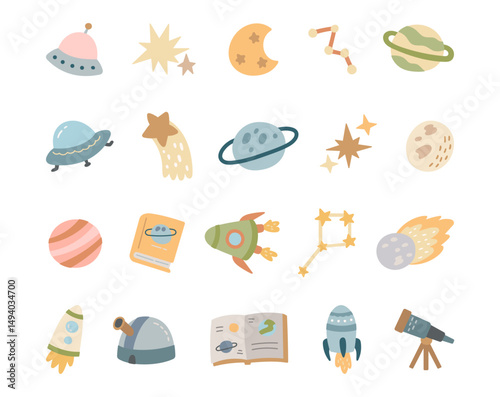 Astronomy scandinavian style educational exploration set featuring planets, rockets, telescopes, books, constellations, satellites, and scientific elements for yours illustration and creative designs 
