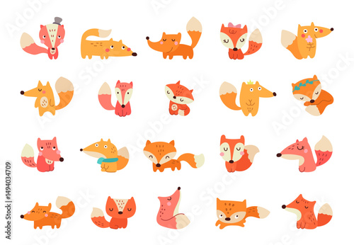 Fox character set in scandinavian style with fluffy adorable animal designs showing cute cartoon poses and emotional expressions for yours illustration and creative projects