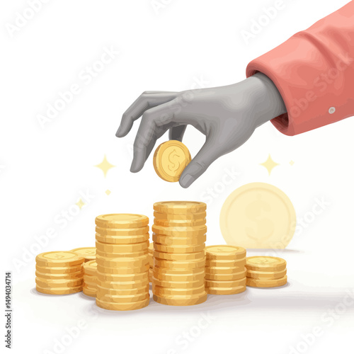 Hand Placing Gold Coin on Stack of Coins 3D Render