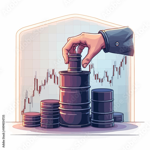 Hand Placing Oil Barrel on Stack Against Market Graph