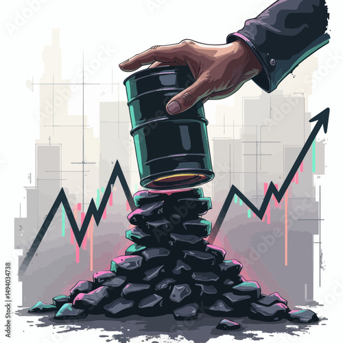 Hand Placing Oil Barrel on Rock Pile Against Cityscape and Rising Graph