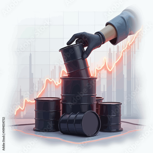 Hand Placing Oil Barrel on Stack with Rising Graph