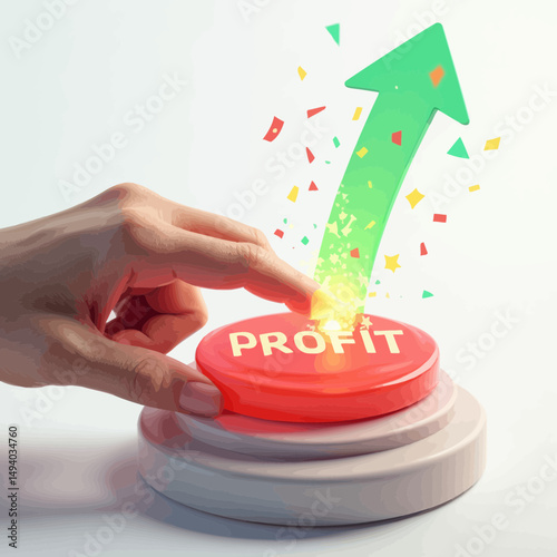 Hand Pressing Profit Button with Upward Arrow and Confetti