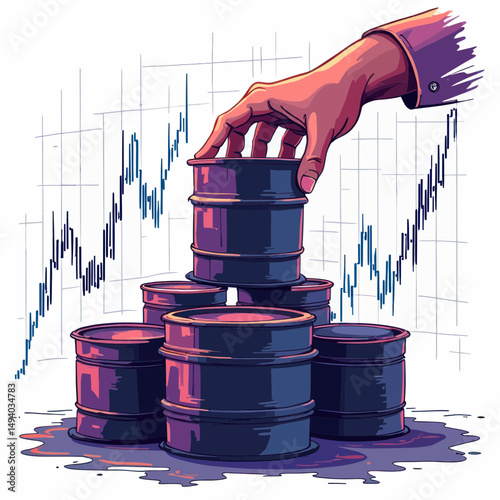 Hand Stacking Oil Barrels Against a Stock Market Chart