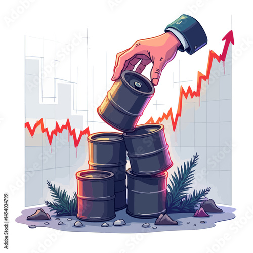 Hand Stacking Oil Barrels Against a Rising Market Graph
