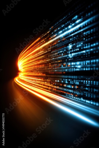 Abstract Digital Data Stream Visualization with Orange and Blue Light Trails on Black Background Concept of Technology