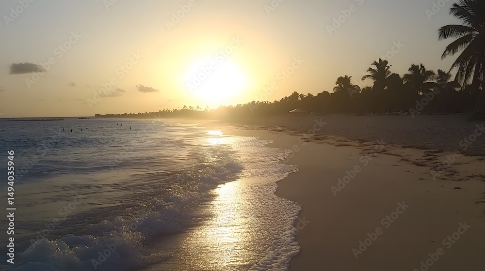 Fototapeta premium Stunning Sunset Beach Scene Golden Hour Ocean Waves