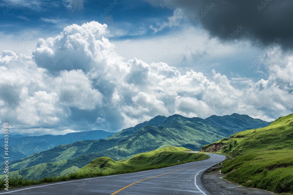 Naklejka premium Scenic winding road through lush green mountains under dramatic cloudy sky aerial view landscape travel destination nature photography