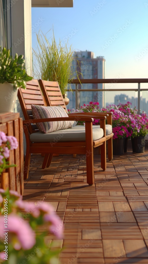 Fototapeta premium Cozy Outdoor Seating on Balcony with City View, Two Wooden Chairs with Cushion and Pillow, Potted Flowers, Warm Light, Residential Living