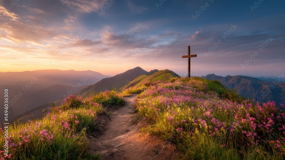 Obraz premium Cross atop mountain peak at sunrise with wildflowers and hiking trail scenic landscape view spiritual journey faith hope