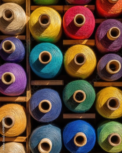 Colorful Spools of Thread in Wooden Cubbies Close Up Overhead Shot Textile Art Craft Sewing Supplies Tailoring Haberdashery