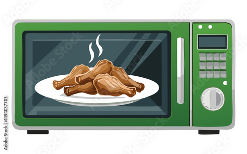 green microwave with plate of heating chicken - vector illustration