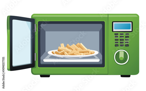 french fries heating inside a green microwave oven - vector illustration