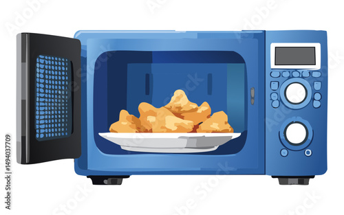 blue microwave revealing a plate of fries - vector illustration