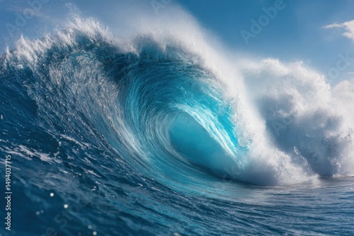 Powerful ocean wave curling and crashing with blue sky background from low angle in Hawaii