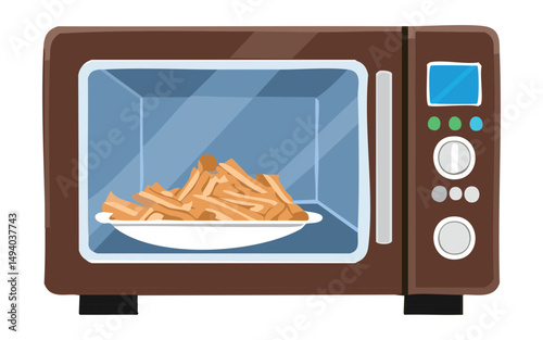 brown kitchen microwave heating golden fries - vector illustration