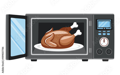 microwave heating a roasted chicken - vector illustration