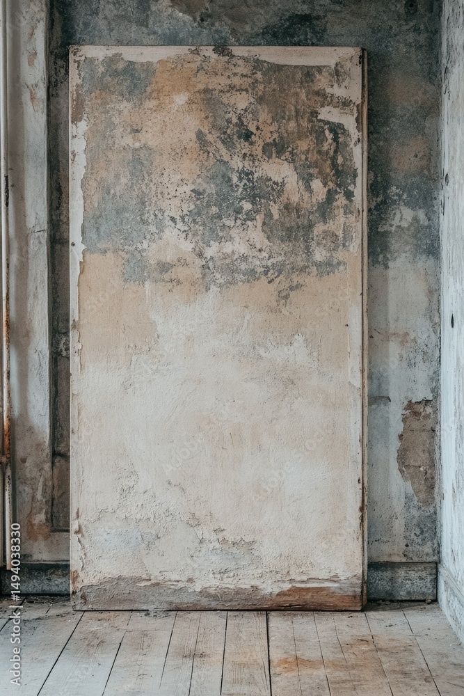Naklejka premium Weathered Panel Against Distressed Wall: A Rustic Still Life
