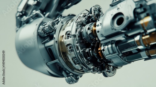 Highly detailed close-up of a complex mechanical engine component showcasing intricate metal gears and precision enginee parts in a professional industrial setting photo