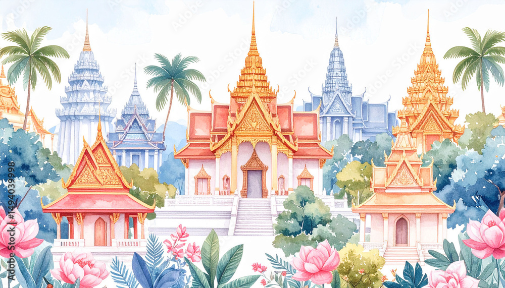 Fototapeta premium this is an illustration of a serene tropical scene with traditional thai style architecture. the setting features a cluster of colorful wooden houses nestled within lush tropical vegetation