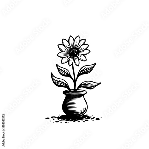 Monochrome Elegance: A Stylized Floral Illustration in a Classic Vessel Design