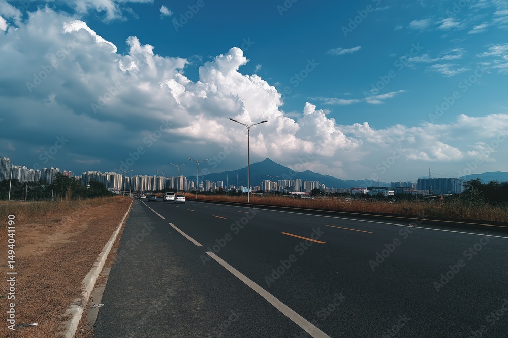 Fototapeta premium Highway leading to modern cityscape under cloudy sky