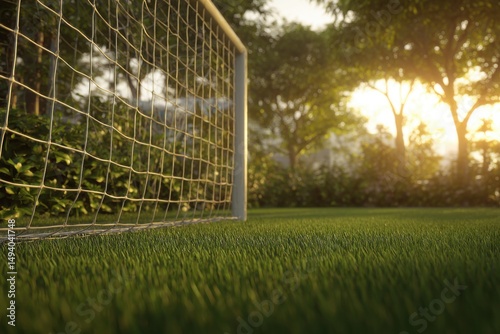 Soccer goal on green grass field at sunset low angle view of empty stadium for sports competition and recreation in park