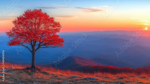 Crimson tree atop a mountain at sunset